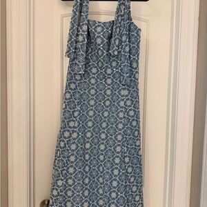 Sezane One Shoulder Blue and White Dress